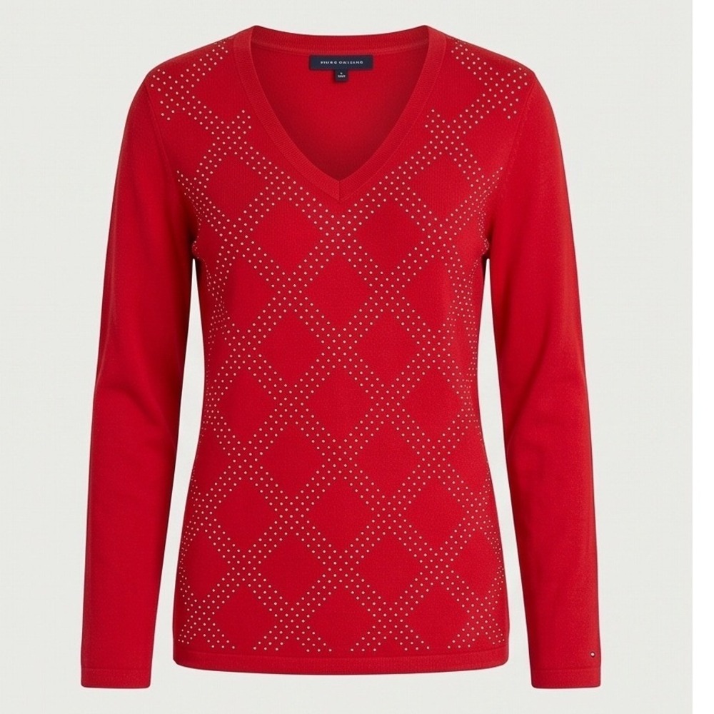Tommy Hilfiger L Red V-Neck Cotton Sweater Studded Argyle Pullover Large NWT